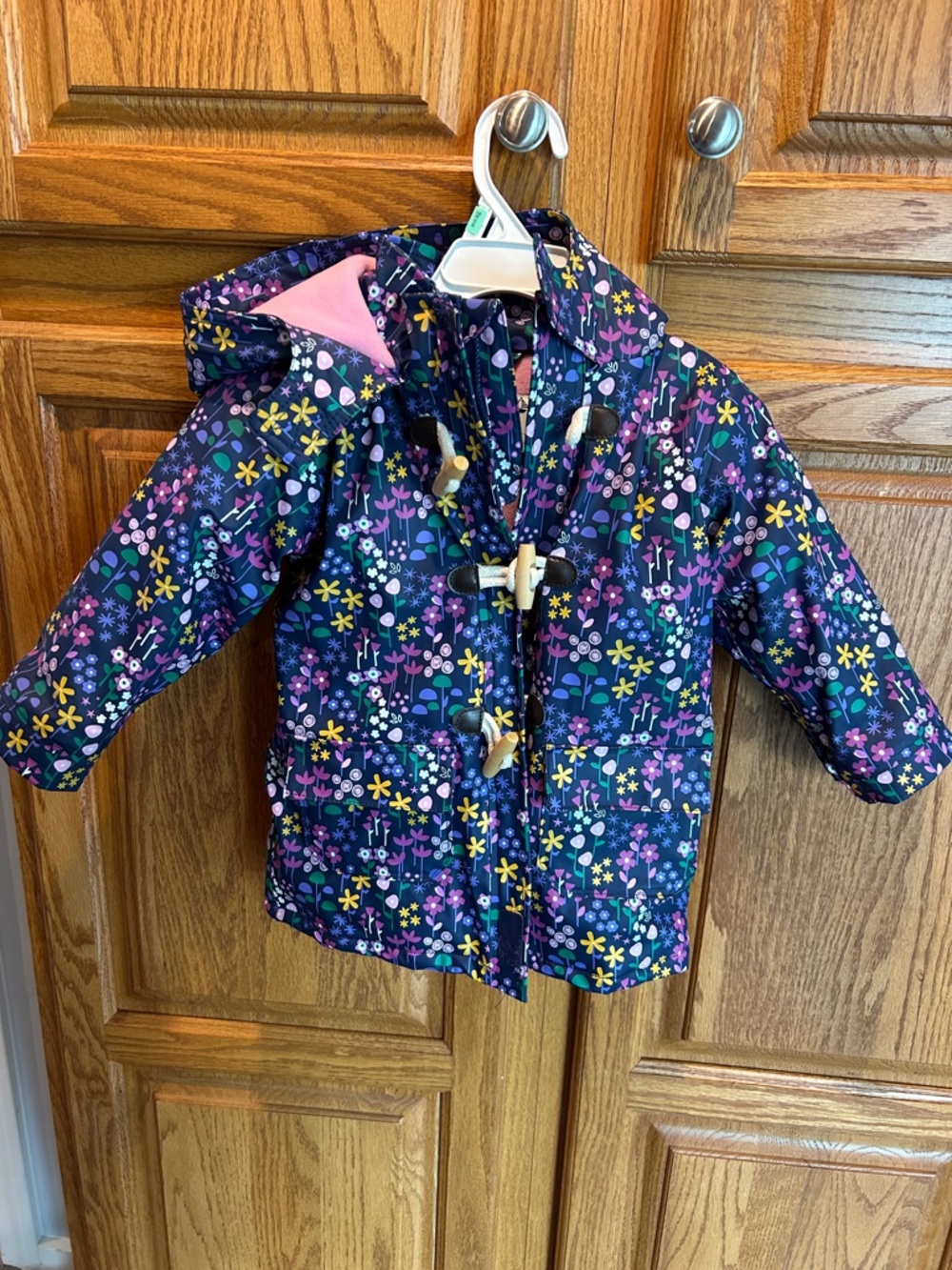 JoJo Maman Bebe Navy Floral Hooded Raincoat with Pink fleece Lining
